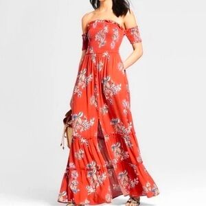 Xhilaration red floral smocked off shoulder maxi sundress